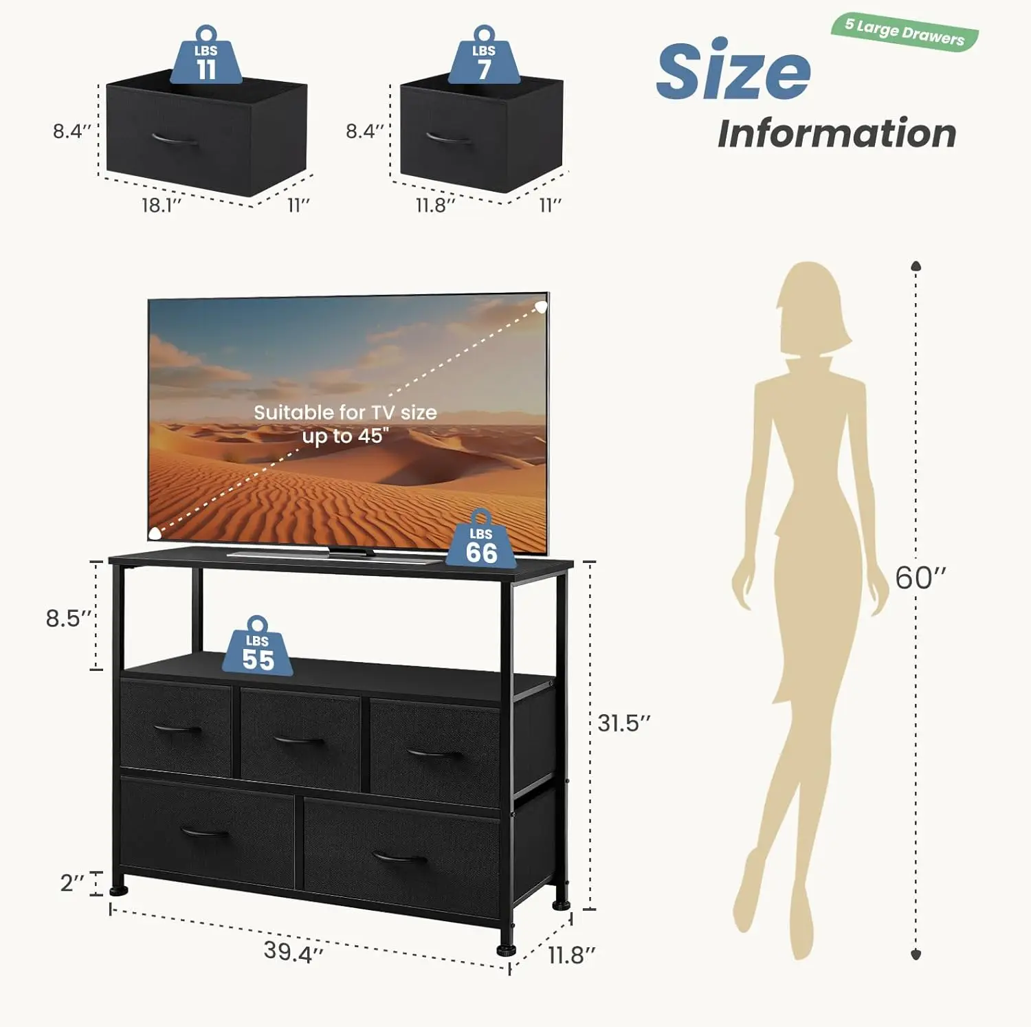 TV Stand & Dresser. For Bedroom. 40" TV Shelf. 5 Fabric Dressers. Storage. Entertainment Center.