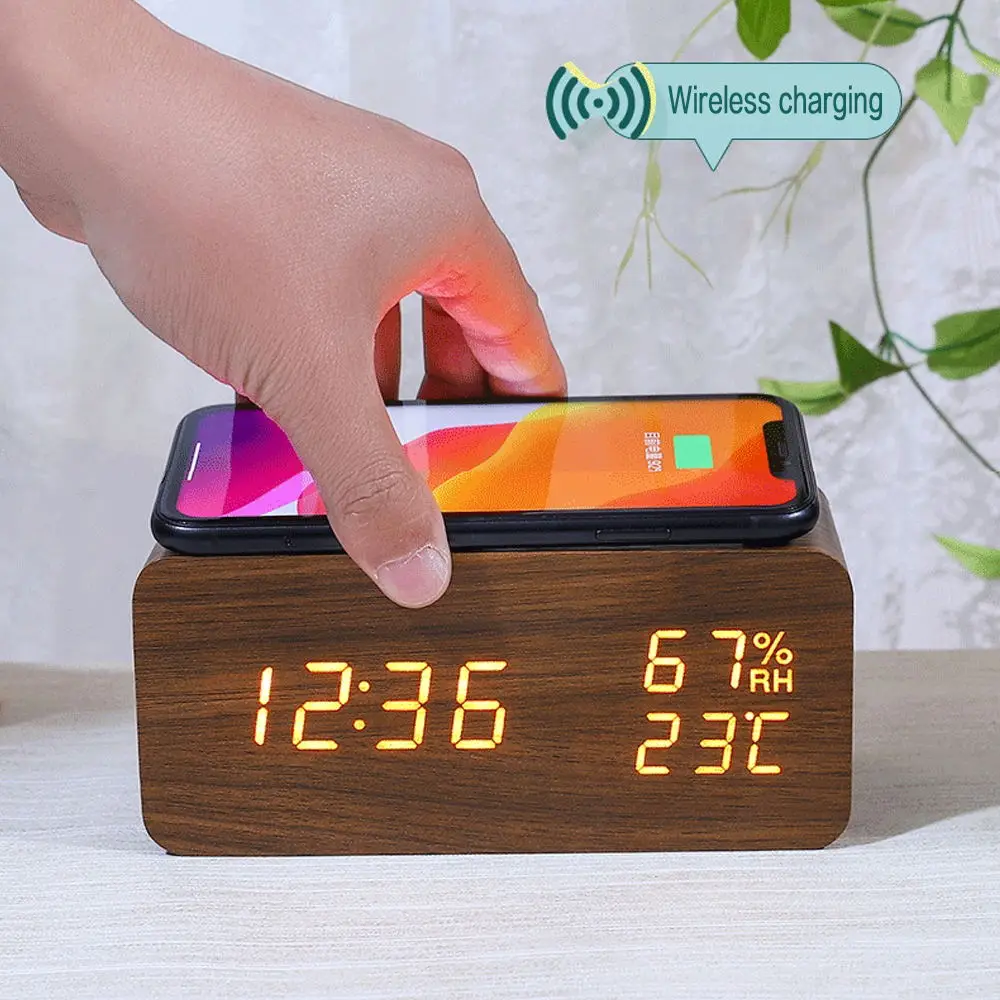 

Wood Digital Alarm Clock With Wireless Charging LED Display Thermometer Humidity Clock for Desk Small Alarm Clock