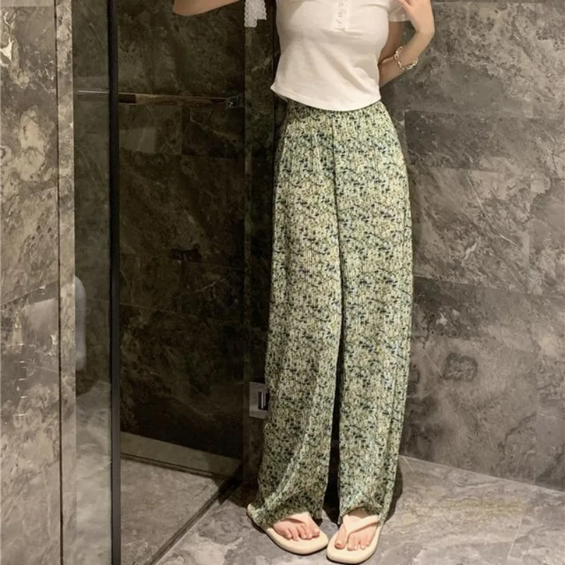 Women's Summer New Fashion Sweet Elasticized High-waisted Pleated Geometric Printed Loose Ruched Straight Casual Wide Leg Pants