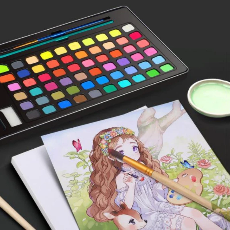 Kit de pintura de acuarela portátil con pincel, pigmento de Color agua sólida, suministros de arte, regalo, 48/60/72 colores