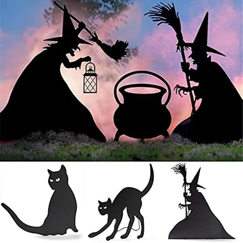 

Силуэт ведьмы на Хэллоуин, кованые железные ведьмы, черный колдрон, черная кошка, двор, знаки, страшный семейный дом, передняя часть двора B, черный