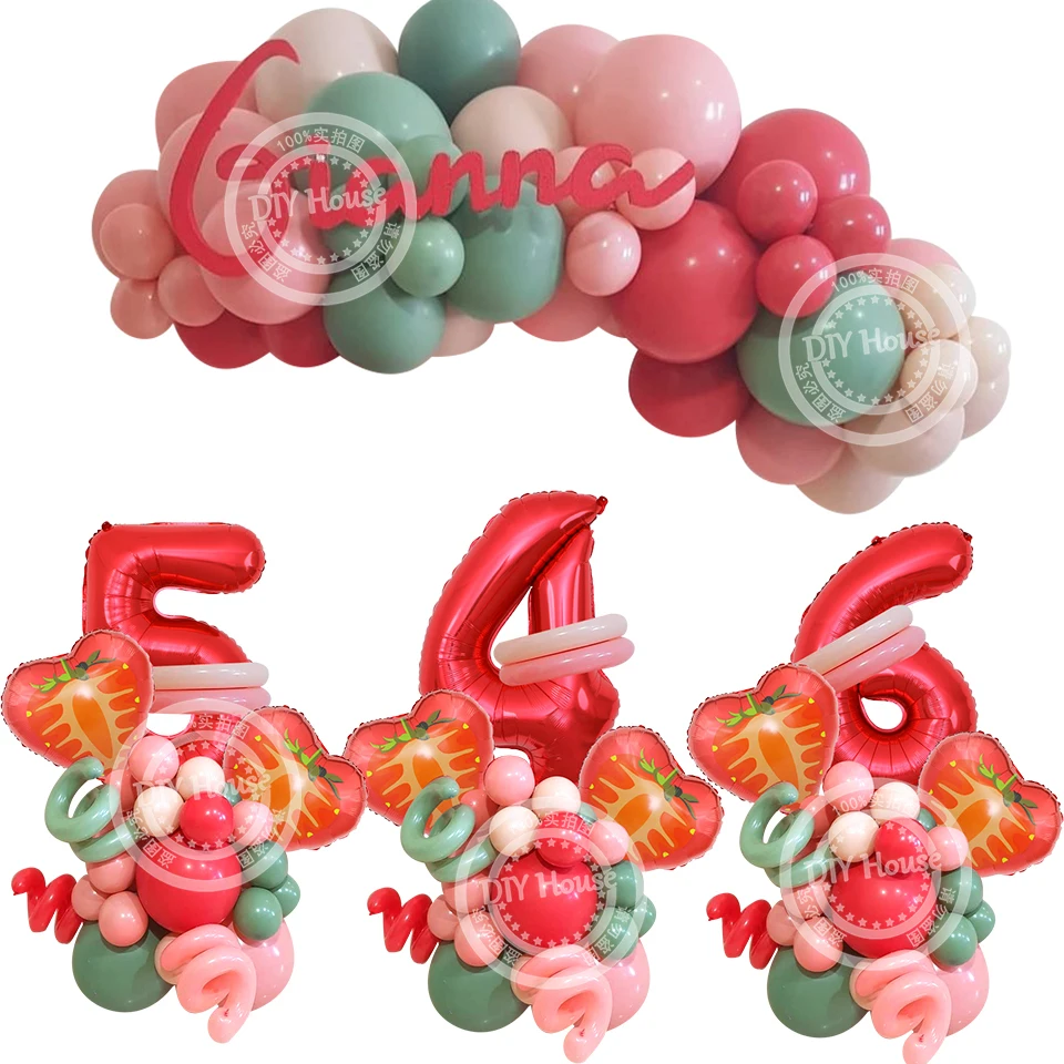 

31pcs Green Red Balloon Arch Kit Strawberry Balloons Tower for Strawberry Birthday Party Decoration Summer Hawaii Party Supplies