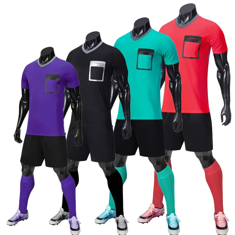 Football Uniform Sports Uniform Sets Soccer Referee Equipment Men's V-neck Football Referee Jersey Sets with Front Pockets Quick Dry Breathable Team Match Training Soccer Uniform