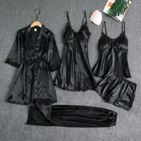 5 pièces nuit pyjamas ensemble Satin maison femmes chemise de nuit dentelle Robe sommeil costume Cami gilet Cardigan pantalon vêtements de nuit Robe Lingerie 4