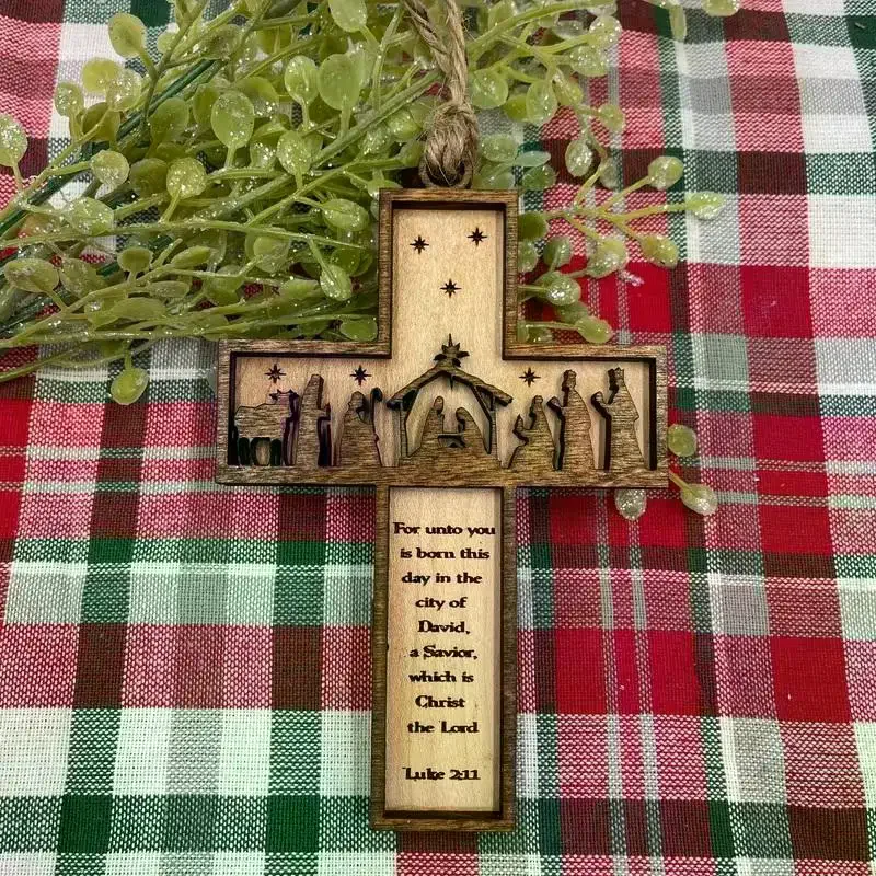 1pc 3D Nativity Scene Wooden Cross Ornament, Handmade Christmas Tree Decoration, Home And Religious Decoration