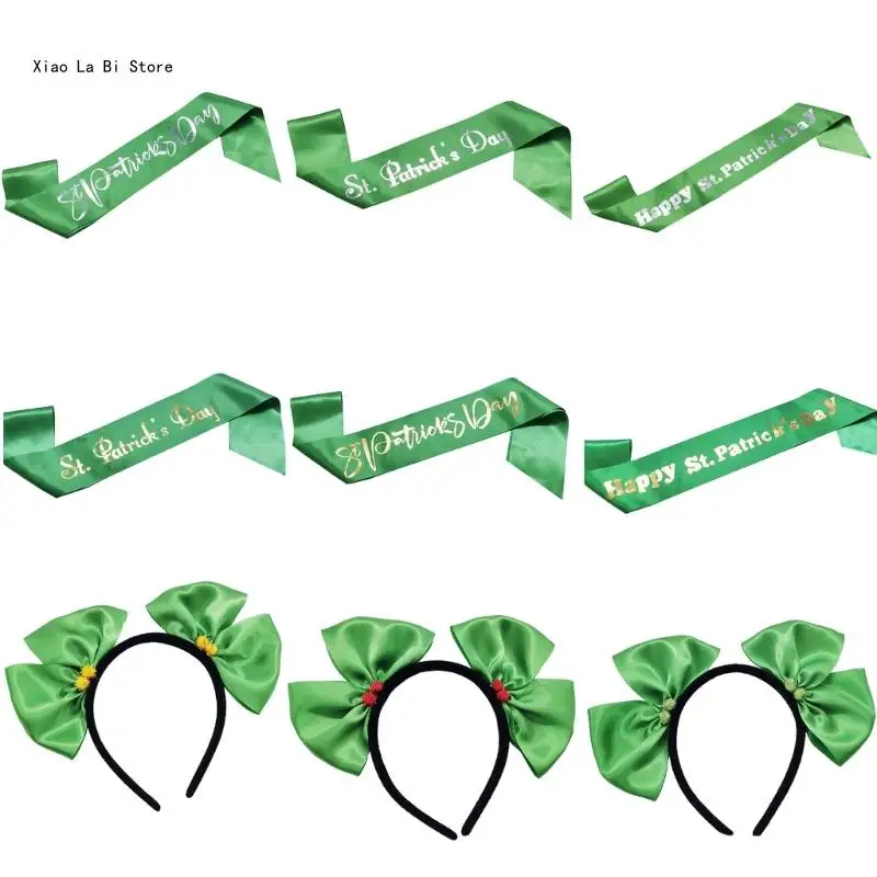 

Patricks Day Green Sash Shoulder Strap Party Bow Headband Irish Hair Hoop XXFD