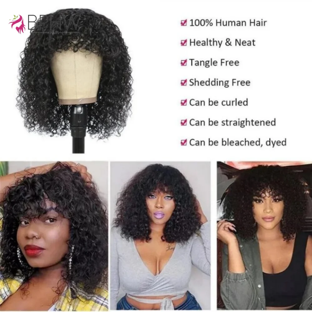 Water Wave Human Hair Wigs with Bangs Brazilian Human Hair For Women 180% Density Machine Made Deep Wave Curly Wigs Long human hair wigs