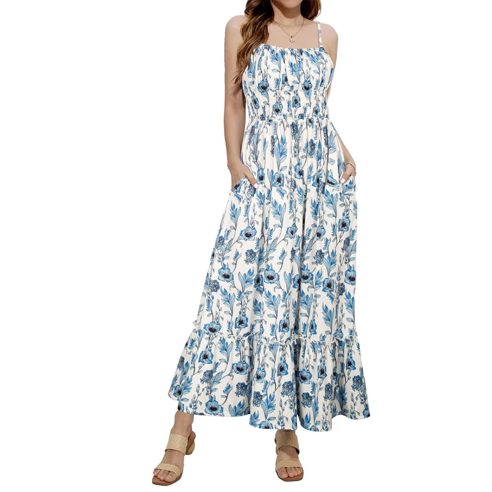 thumbnail image 1 of Vestido largo de verano con estampado floral, tirantes finos, corpiño fruncido, cintura fruncida, elegante vestido bohemio de playa para mujer, 1 of 5