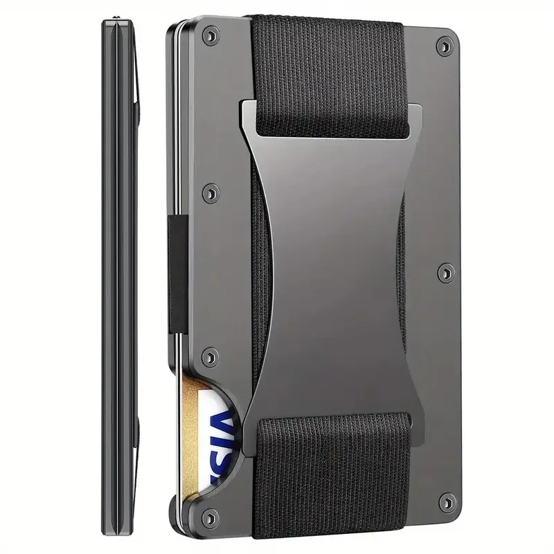 Slim RFID Protection Aluminum Card Holder Wallet with Elastic Back Pouch - Unisex Travel Purse