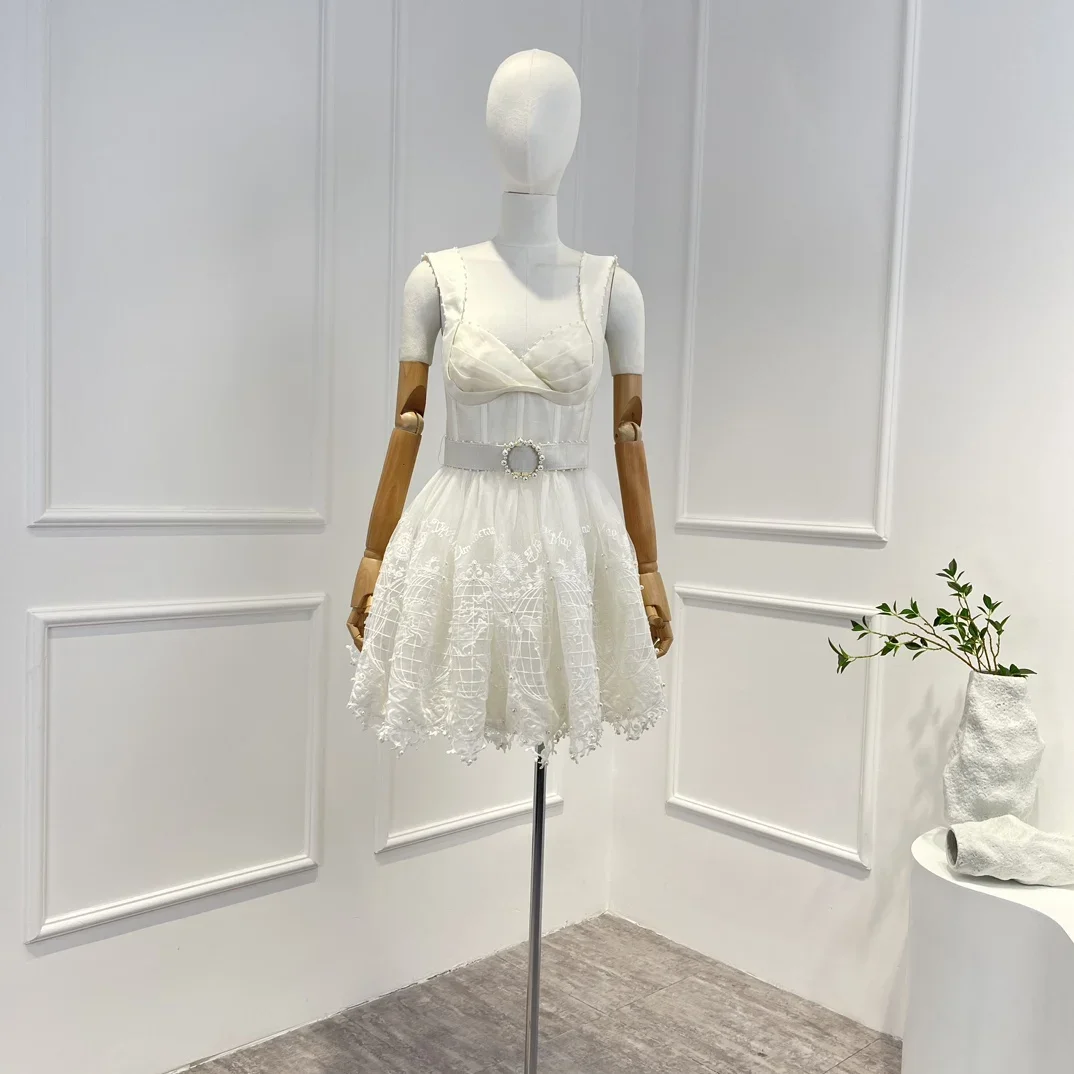 

2024 New Summer White Lace Patchwork Cut Out Belt Sleevlesss Sweet Elegant Mini Dress Women Lady Clothing