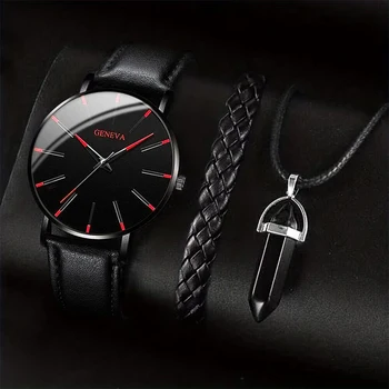 Alternative view of Men Business Watches Casual Leather Band Analog Male's Quartz Watch Necklace Bracelet 3PCS/Set