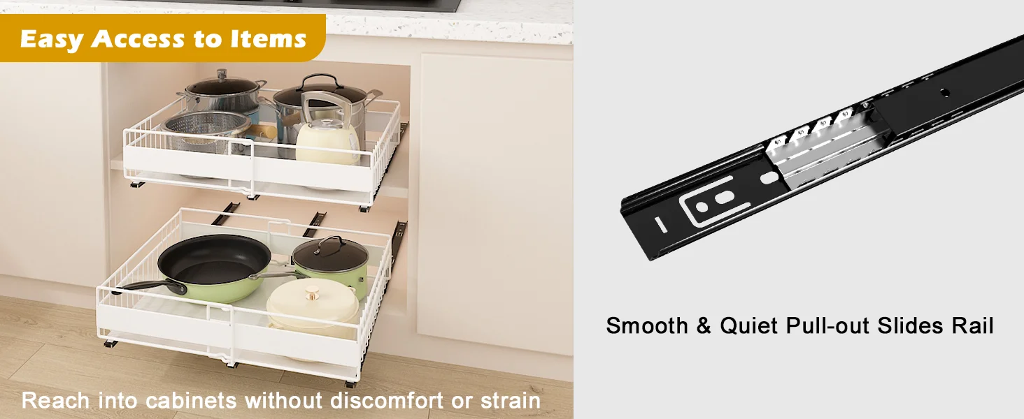 2 Pack Pull Out Cabinet Organizer, Expandable(12"-20") Slide Out Drawers 3 Slide Rails Fix with Adhesive or Screw, Roll Out