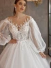 Modest O-neck Long Sleeve Wedding Dress Sparkly Sequin Bead Bride Robe Elegant A-line Long Bridal Gown Customized Robe De Mariée 2