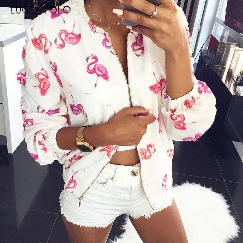 

Women Long Sleeve Jackets Print Zipper New Fashion Casual Round Neck Female Spring Autumn Street Short Coats