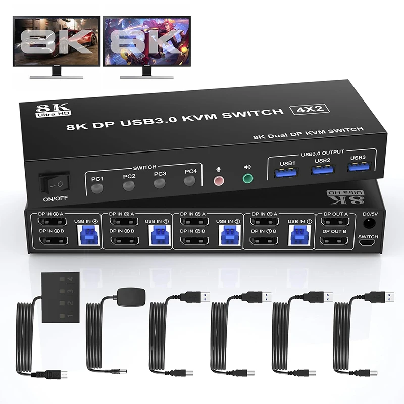 8K 디스플레이 포트 USB3.0 KVM 스위치, 4 PC 공유 2 모니터용 4x2 확장 디스플레이 DP 1.4 KVM 스위처, 4 in 2 out, 3x USB3.0 포트