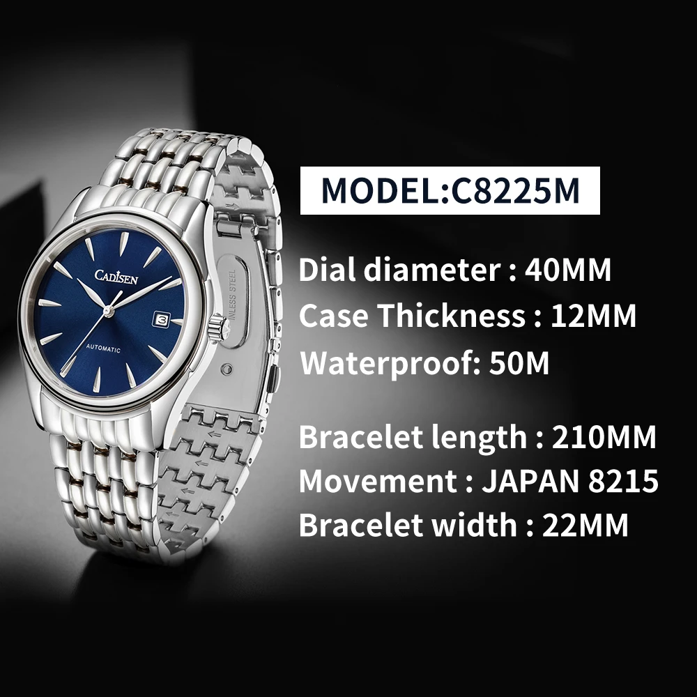 CADISEN 2024 New 40mm Men's Automatic Machinery Watches Stainless Steel AR Sapphire MIYOTA 8215 Business Watches Watch for Men