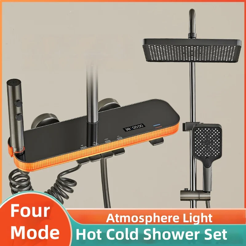 อุณหภูมิดิจิตอลจอแสดงผลชุดฝักบัวอาบน้ําร้อนเย็นก๊อกน้ําระบบคอลัมน์ฝักบัว Ambient Light ห้องน้ําก๊อกน้ําหัวฝักบัว 1