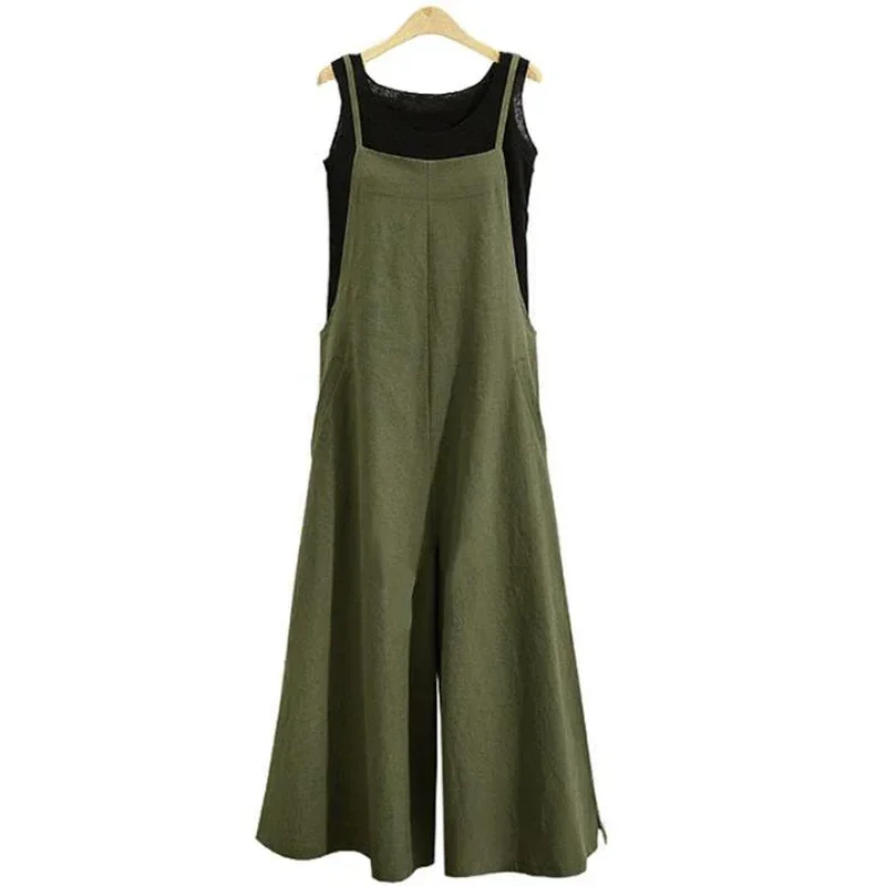 2024 New Women Straps Jumpsuit Summer Solid Color Wide Leg Pants Overalls Casual Loose Sleeveless Cotton Linen Jumpsuits 5Xl