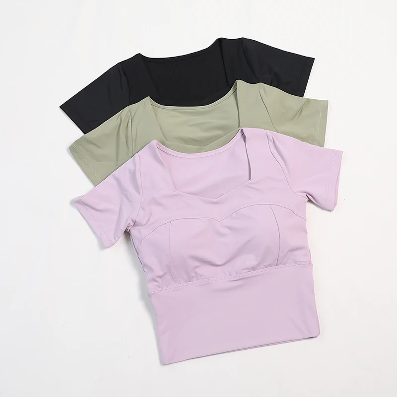 

Yoga suit with chest cushion, summer thin short sleeved sports top, women's sexy running training and fitness T-shirt