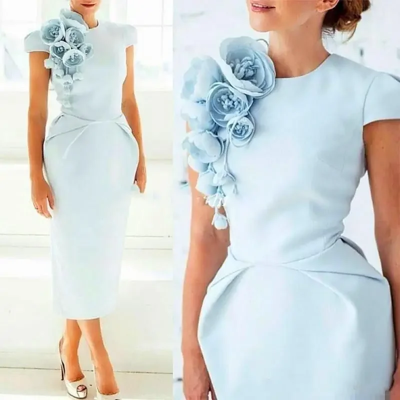 Sheath/Column One-Shoulder Tea-Length Short Sleeves Pleated Mother of the Bride Dresses with Flowers
