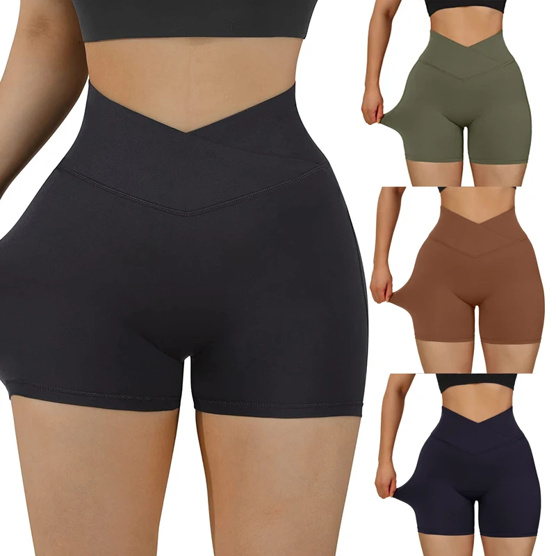 

Summer New Women\u2019s Casual Seamless Sport Shorts Fashion Black Solid Color High Waist Stretch Yoga Short Pants Active Shorts