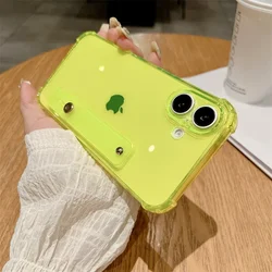Neon Color Soft Silicone Wrist Strap Phone Case with Kickstand and Transparent Back Cover - iPhone 14 (Yellow)