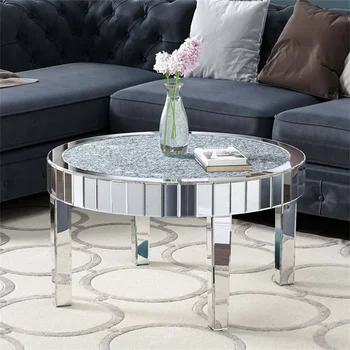 FATIVO Large Round Mirrored Coffee Table Beveled Bling Crushed Diamond End Table 1