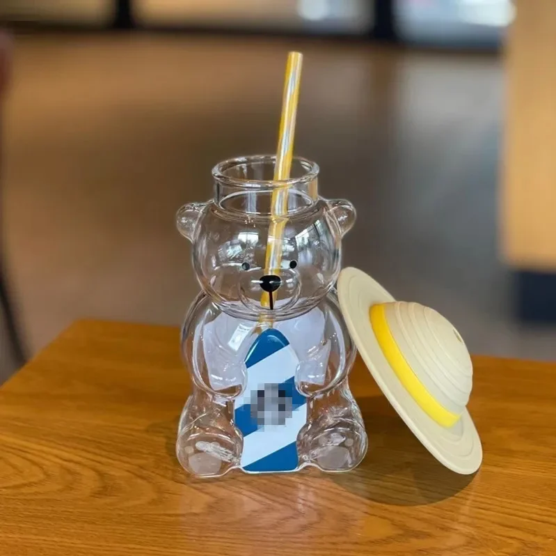 Glass Water Cup Double Wall Glass Cup Cartoon Bear Glass Straw Cup Ocean Orange Heat Resistant Straw Hat Summer