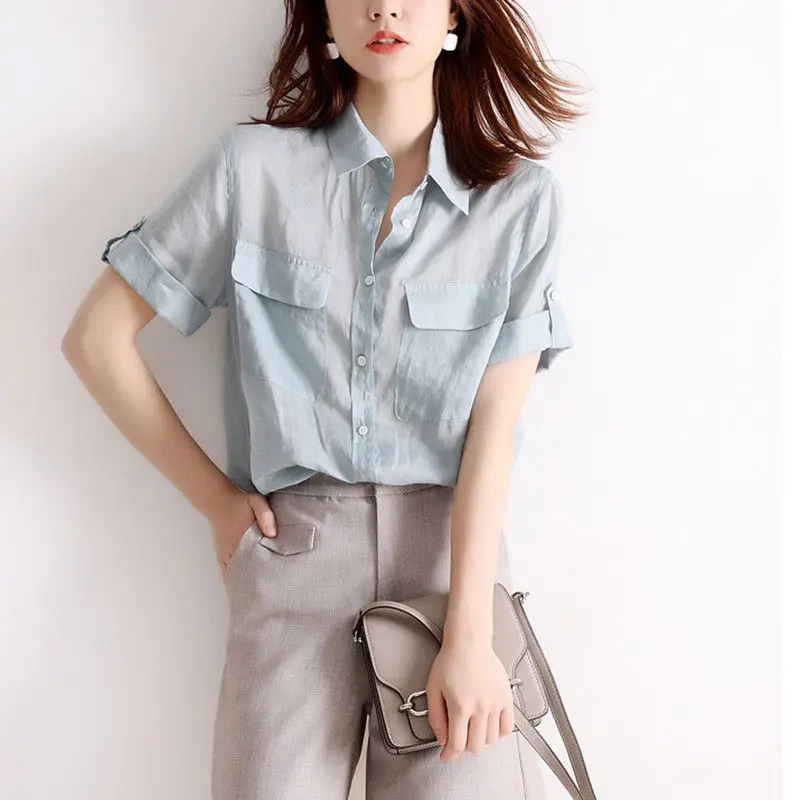 Fashion Casual Blouses Loose Simplicity Button Short Sleeve Solid Summer Thin Pockets Turn-down Collar Tops New Women's Clothing