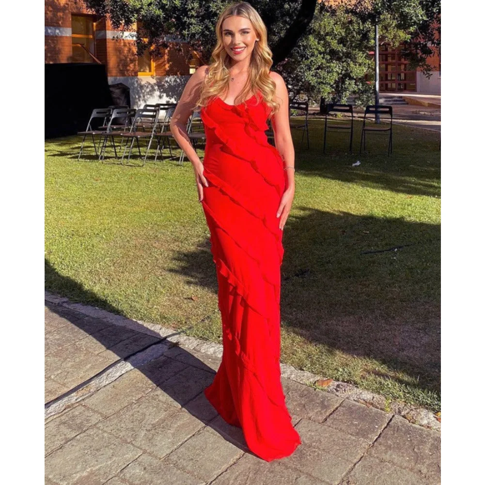 

Elegant V-neck Ruffle Dress 2023 Summer Sexy Backless Sleeveless Side Slit Long Dress Female Party Banquet Evening Dresses