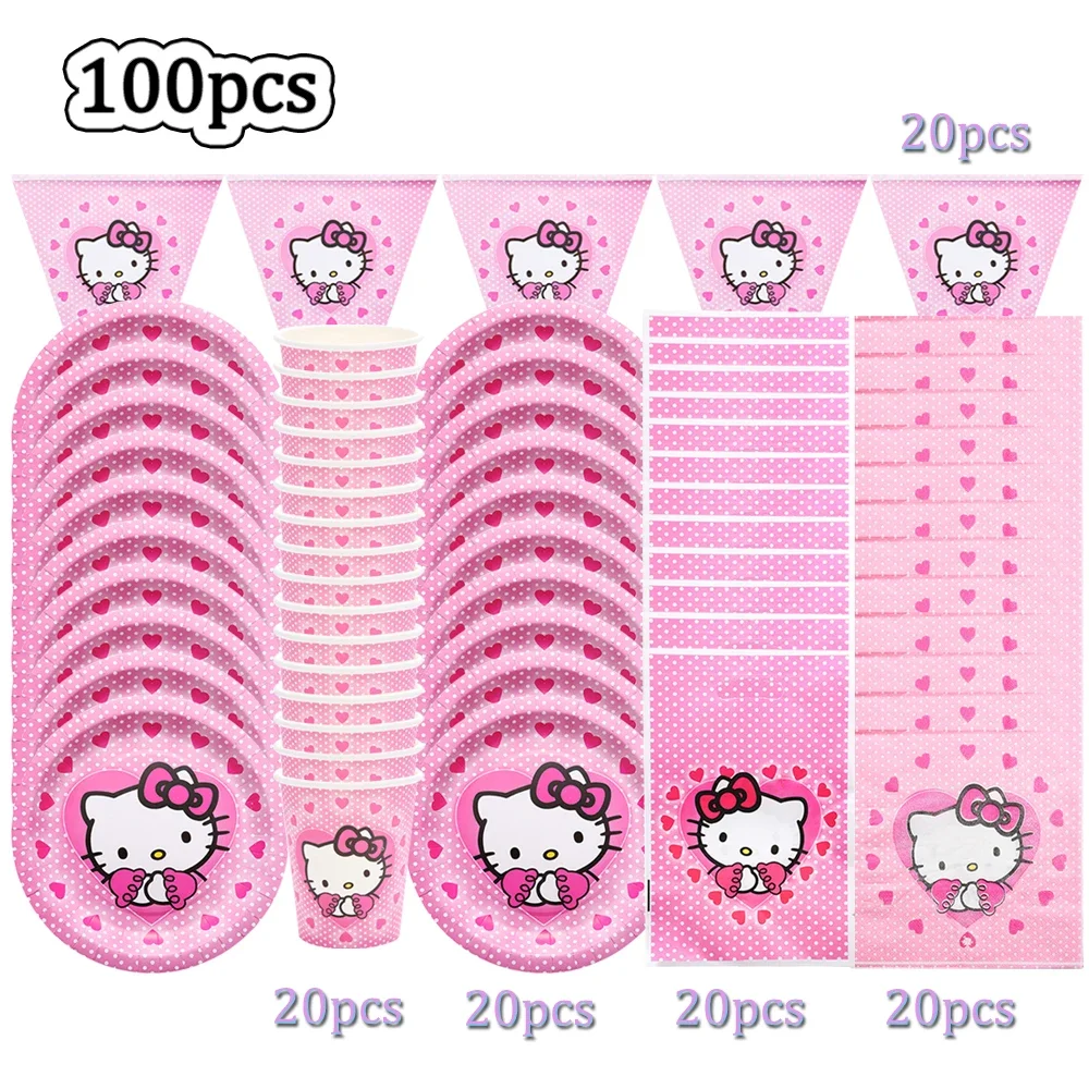 thumbnail image 1 of Suministros para fiestas de niñas con temática de Hello Kitty, vasos de papel, platos, manteles, pancartas para fiestas de cumpleaños infantiles, decoración para bodas, globos, 1 of 5