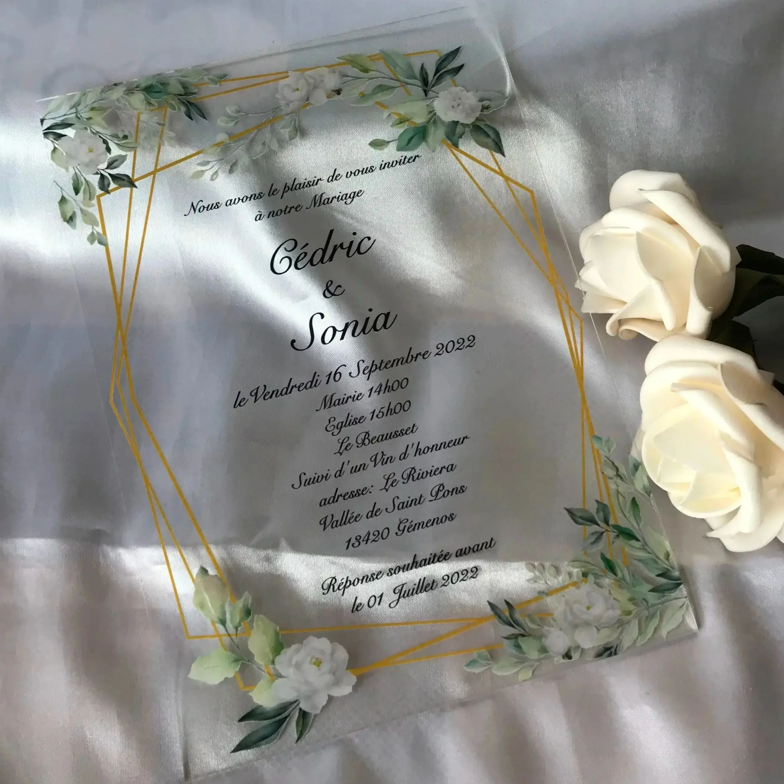 

Custom Acrylic Invitations, Personalized Envelopes,White Floral,Green Leaves,1mm Transparent Invitation, Wedding, 10Pcs