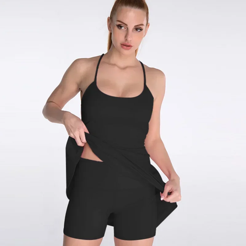Ladies Sexy One Piece Yoga Tennis Dress Pads Sling Backless Athletic Gym High Elastic Quick Dry Running Skirt