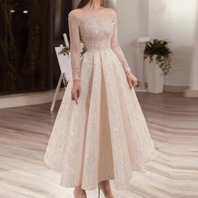 

2023 Spring Women's New Elegant Women's Evening Dress Round Neck Long Sleeve Slim Sequins Long Party Dress