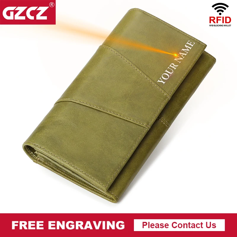 

Genuine Leather Women Wallet Fashion Travel Purse Phone Pocket RFID Blocking Card Holder For Men With Free Engraving Service