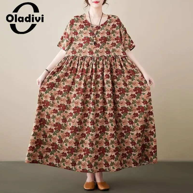 

Oladivi модное богемное длинное платье с цветочным принтом и коротким рукавом 2023 летняя пляжная одежда в стиле бохо винтажные женские платья оверсайз 9223
