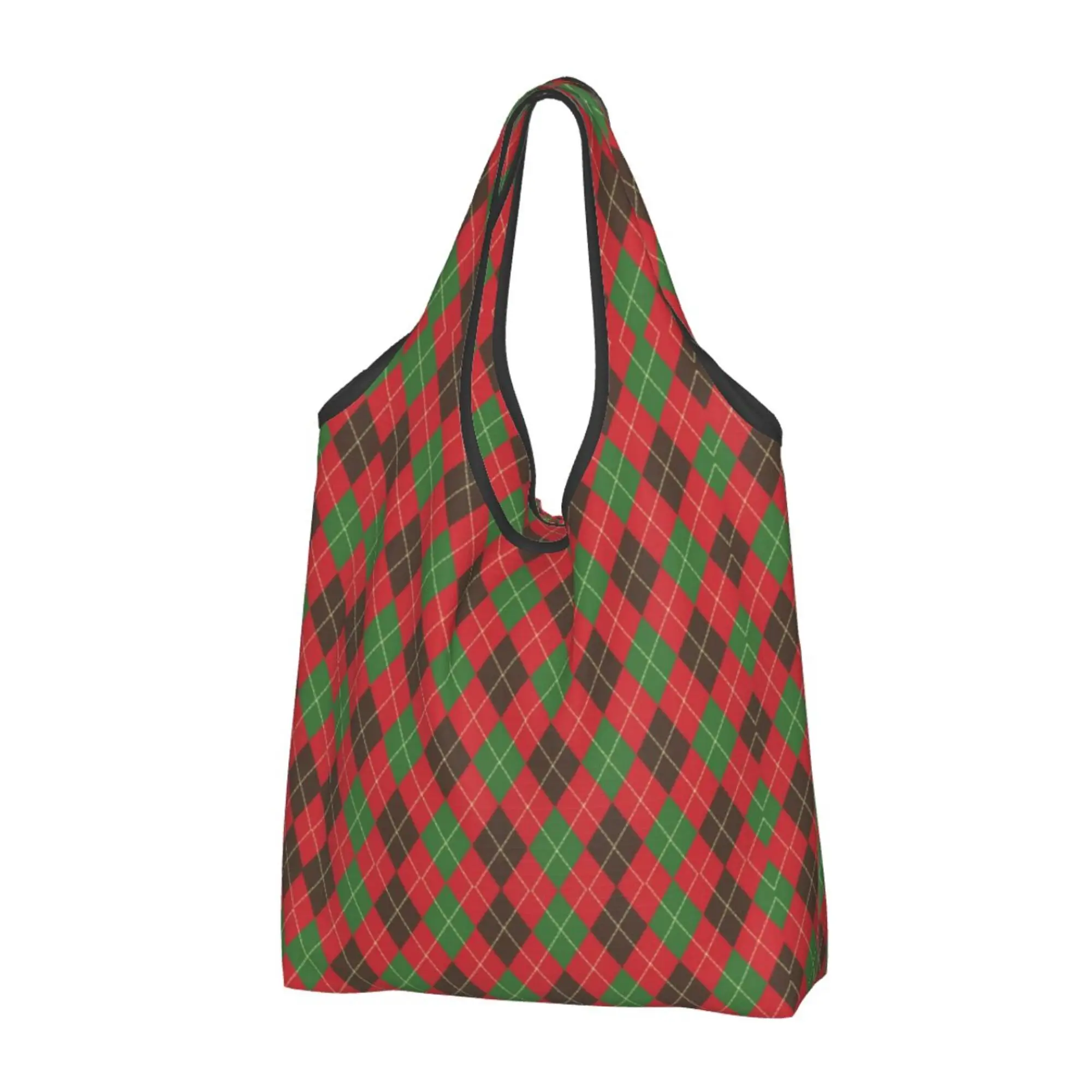 

Tartan Pattern Christmas Styles Grid 1 PC Reusable Shopping Bag Women Shopping Bag Portable Tote Bag Holiday No Zipper