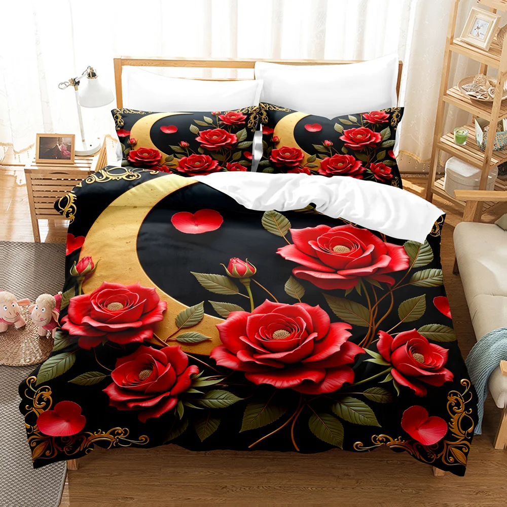 Rose Moon Print Pattern Polyester Bedding Set - Soft and Comfortable, Home Decoration,King,Queen Size,Valentine's Day