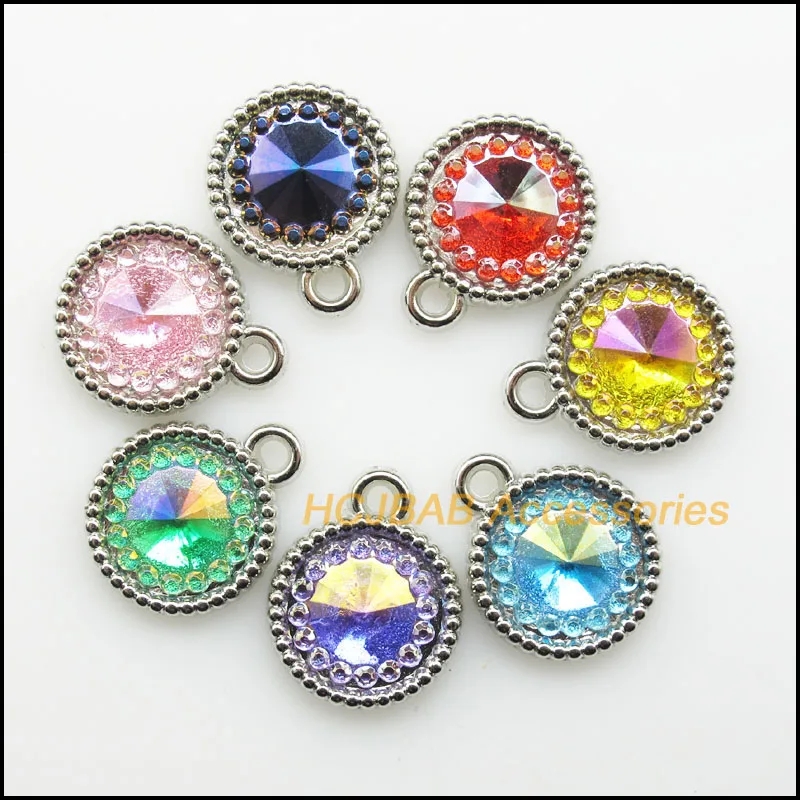 

14 New Transparent Mixed Charms Dull Silver Plated Retro Round Acrylic Pendants 15x19mm