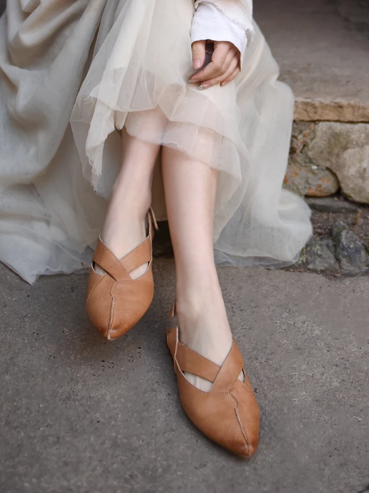 

Artmu Genuine Leather Closed Toe Sandals For Women Hollow Out Luxury Flats Pointed Toe Retro Soft Low Heel Elegant Ladies Shoes