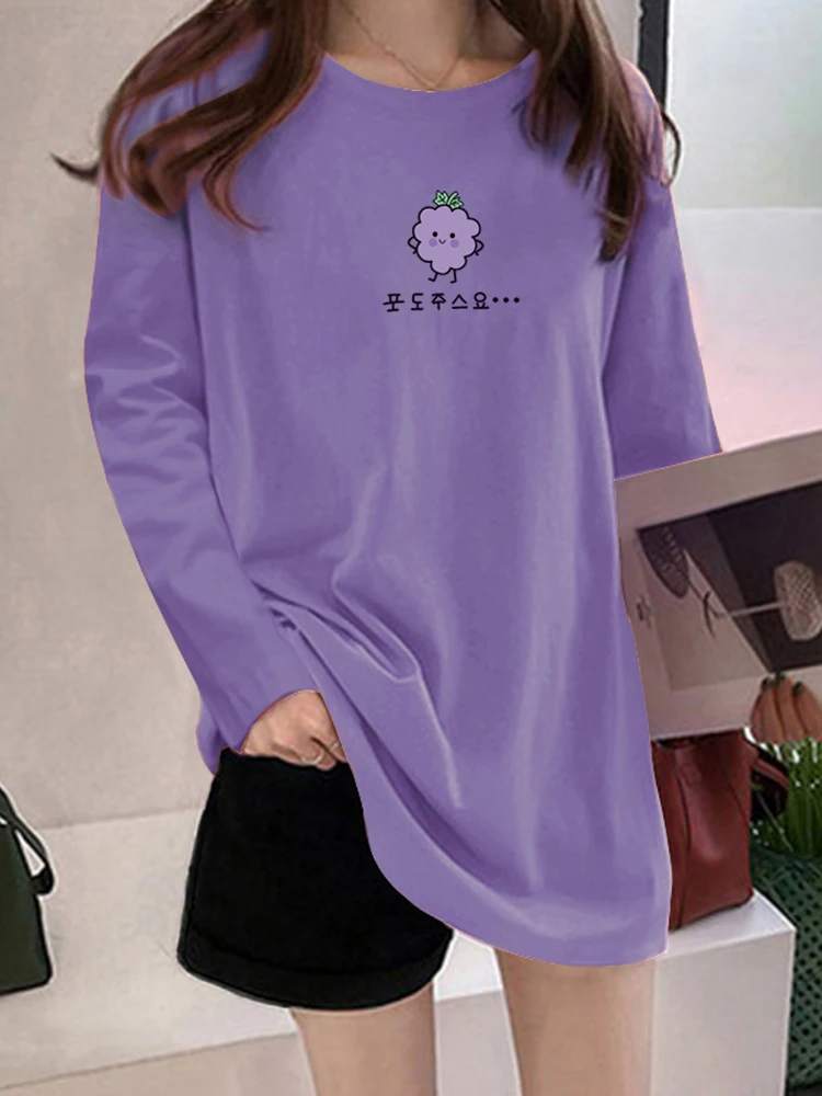 

Spring Autumn Casual Long Sleeve T-shirts Women O-neck Grape Printed Blouse Tops Loose All-matched Female Pullover Tees