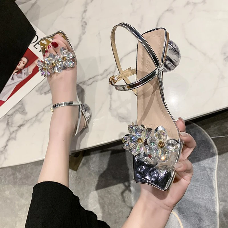 

Gold/silver Summer Party Shoes Woman Rhinestone Flower Round Heel Sandals Ankle Strap Transparent Gladiator Sandalias Mujer
