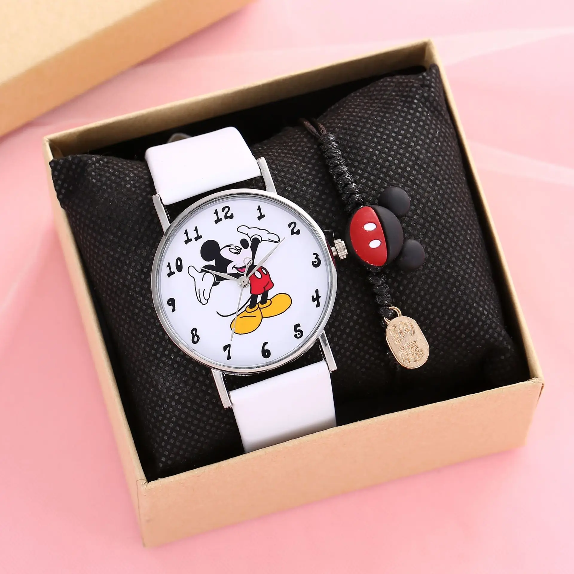 Disney Children'S Mickey Watch Anime Figure Mickey Mouse Pu Puntatore Digitale Quartz Kids Watch Set Orologio + Bracciale Con Scatola Regali