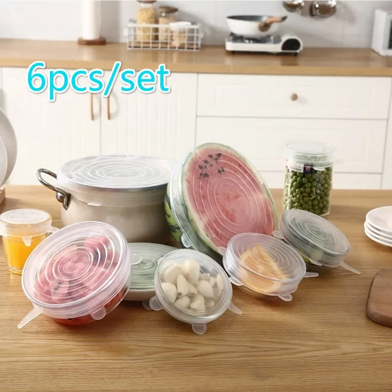 Silicone Fresh-keeping Cover 6Pcs Reusable Stretch Canning Lids Refrigerator Microwave Airtight Plastic Wrap Kitchen Accessories