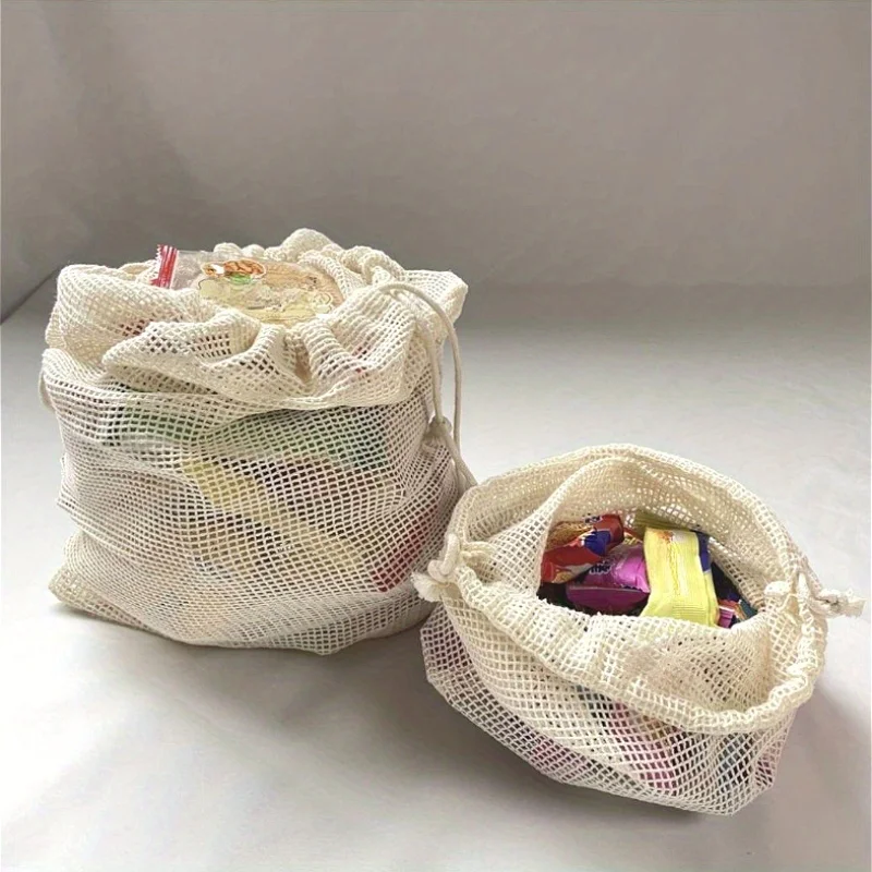 Eco-Friendly Cotton Mesh Produce Bag with Drawstring for Groceries, Vegetables, and Fruits