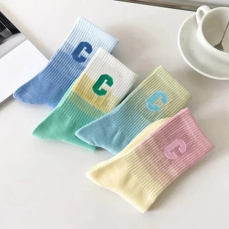 Women's Sport Socks Autumn Winter Gradual Color Mid-Calf Letter Pattern Absorb Sweat Versatile Trendy Korean Japanese Style Long