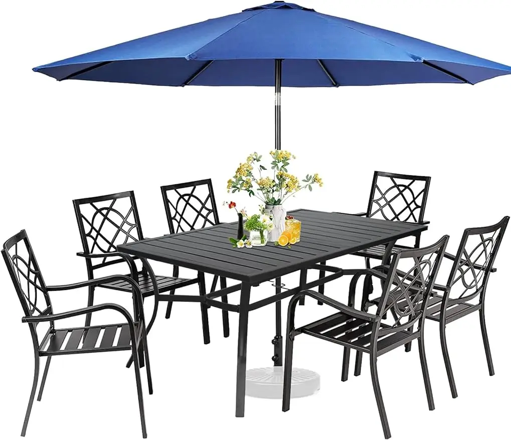 

Outdoor Wrought Iron Chairs and Table Patio Dining Furniture Set - Stackable Metal Chairs, Steel Slat Bistro Table for Garden