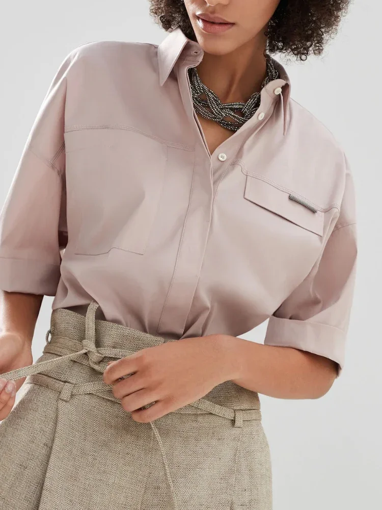 

Spring and Summer New Solid Color Lapel Bead Chain Decorative Pocket Women Casual Mid-sleeve Single-breasted Shirt Top