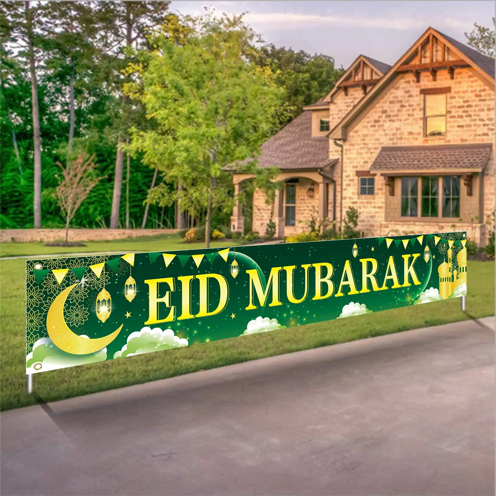 Ulikey 2 Stücke Eid Mubarak Banner Set, Ramadan Kareem Deko Girlande, Mond  Stern Laterne Schloss Banner Girlande, Ramadan Eid Dekorationen, Halbmond
