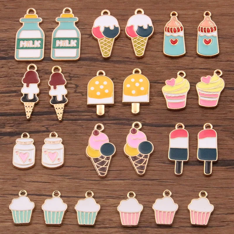 10pcs 10 Styles Mix Color Enamel Cute Food Drink Ice Cream Charms Pendants For Necklaces Handmade DIY Jewelry Making Accessories